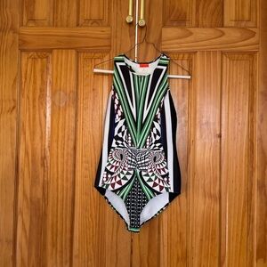 Clover Canyon Womens Size M Stripe Printed Zip-Up One Piece Swim Suit Green